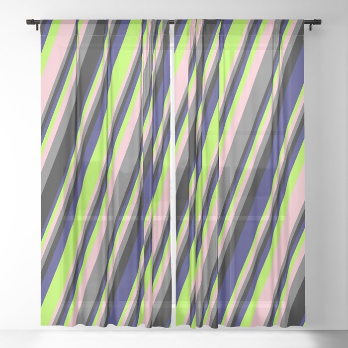 Eye-catching Midnight Blue, Light Green, Pink, Dim Grey, and Black Colored Striped Pattern Sheer Curtain