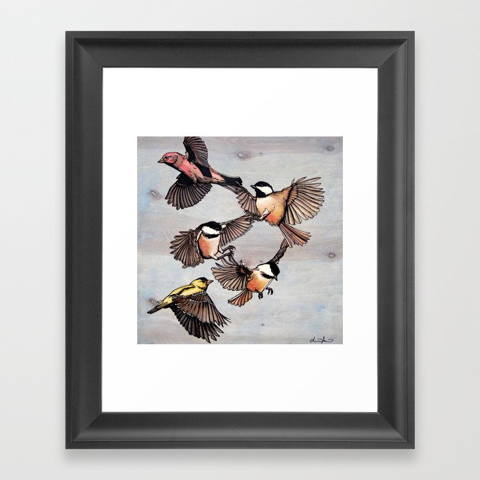 Flying Finches and Chickadees Framed Art Print