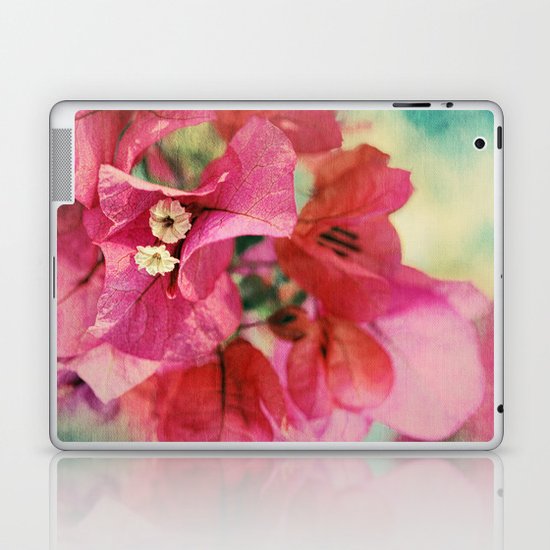 Vintage Bougainvillea Flowers in pink & green with textures Laptop & iPad Skin