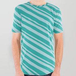 [ Thumbnail: Powder Blue and Light Sea Green Colored Striped/Lined Pattern All Over Graphic Tee ]