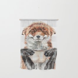 " Morning fox " Red fox with her morning coffee Wall Hanging