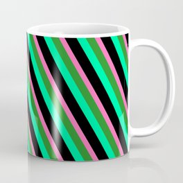 [ Thumbnail: Hot Pink, Forest Green, Green & Black Colored Striped Pattern Coffee Mug ]