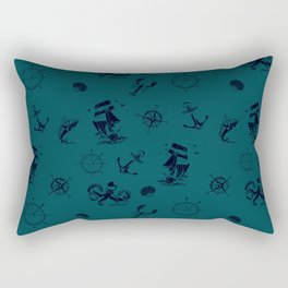 Teal Blue And Blue Silhouettes Of Vintage Nautical Pattern Rectangular Pillow
