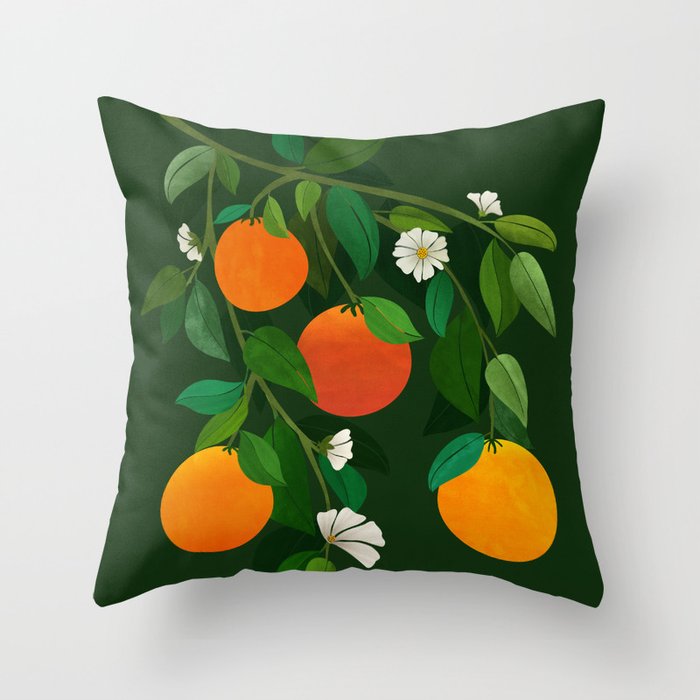 Oranges and Blossoms Botanical Illustration Throw Pillow