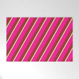 [ Thumbnail: Tan, Deep Pink, Brown & Dark Green Colored Stripes/Lines Pattern Welcome Mat ]