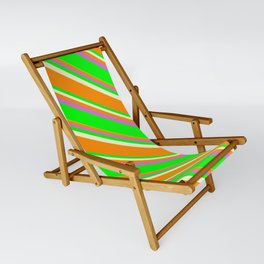 [ Thumbnail: Light Yellow, Dark Orange, Orchid, and Lime Colored Lined Pattern Sling Chair ]