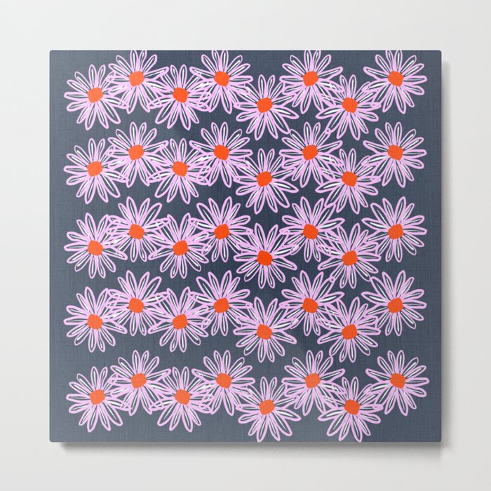 Pink And Red Mid-Century Modern Ditzy Spring Daisy Flowers On Bold Navy Blue Design Metal Print