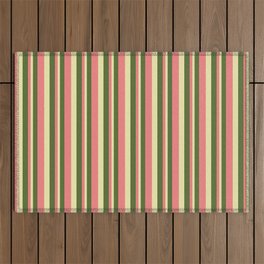 [ Thumbnail: Dark Olive Green, Light Coral, and Pale Goldenrod Colored Lined/Striped Pattern Outdoor Rug ]