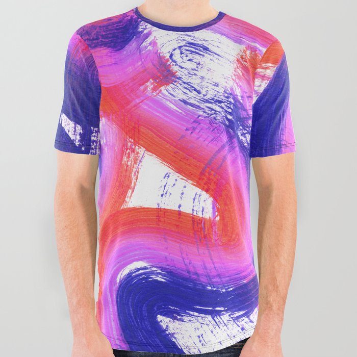Abstract Wavy Squiggles Painting - Hot Red, Blue and Magenta All Over Graphic Tee