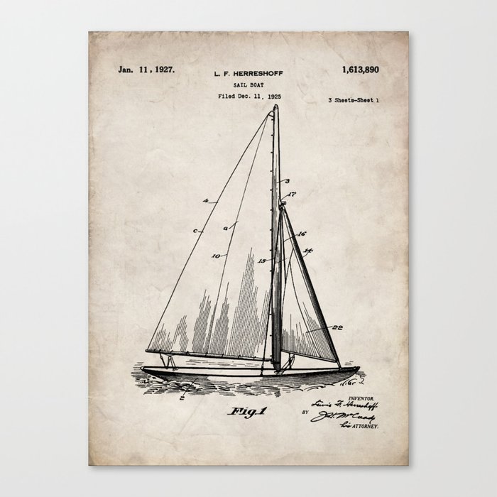 Sailboat Patent - Yacht Art - Antique Canvas Print