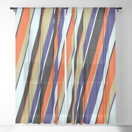 [ Thumbnail: Colorful Dark Khaki, Midnight Blue, Light Cyan, Black & Red Colored Lined/Striped Pattern Sheer Curtain ]