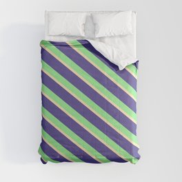 [ Thumbnail: Dark Slate Blue, Light Green & Beige Colored Pattern of Stripes Comforter ]