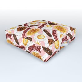 American Diner Breakfast on Red Outdoor Floor Cushion | Unique, Breakfast, Stripes, Eating, Pattern, Pop Art, Bacon, Eggs, Illustration, Digital 