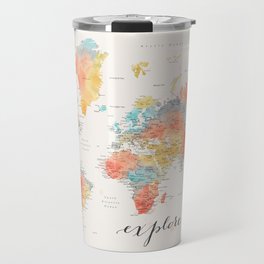 "Explore" - Colorful watercolor world map with cities Travel Mug