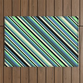 [ Thumbnail: Colorful Green, Blue, Dark Slate Gray, Light Yellow, and Black Colored Stripes/Lines Pattern Outdoor Rug ]