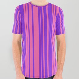 [ Thumbnail: Hot Pink and Purple Colored Striped/Lined Pattern All Over Graphic Tee ]