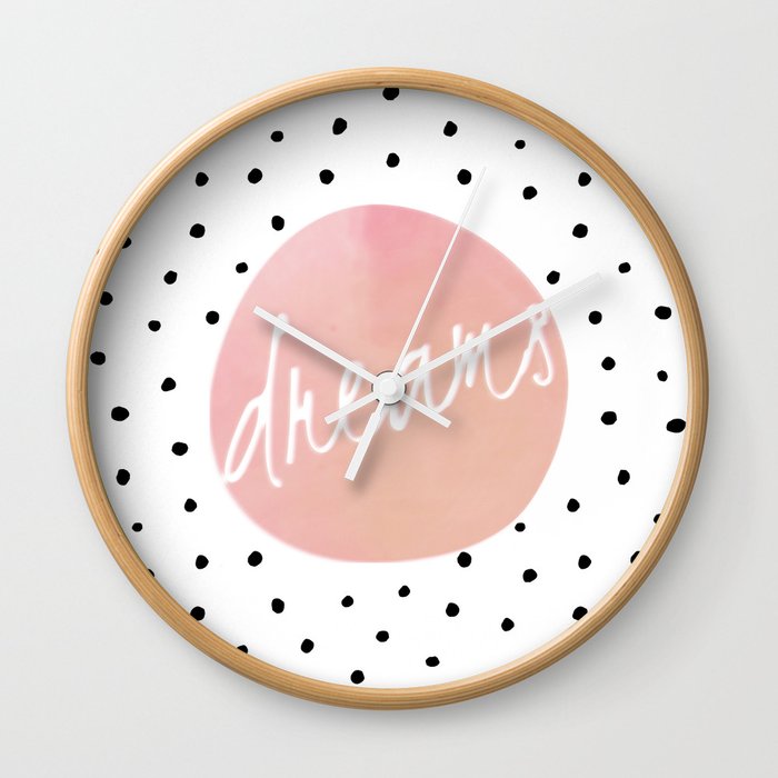 Dreams - Polkadots and Typography on pink background Wall Clock