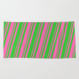 [ Thumbnail: Hot Pink & Lime Green Colored Striped/Lined Pattern Beach Towel ]