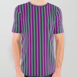 [ Thumbnail: Sea Green and Purple Colored Striped/Lined Pattern All Over Graphic Tee ]