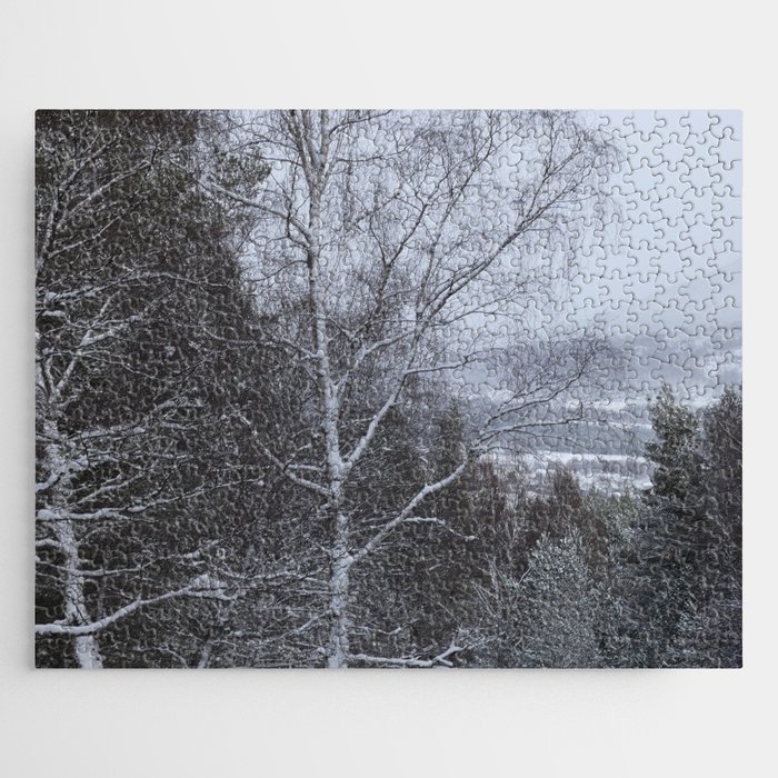 Snow Laden Birch and Pine Trees in a Scottish Highlands Forest   Jigsaw Puzzle