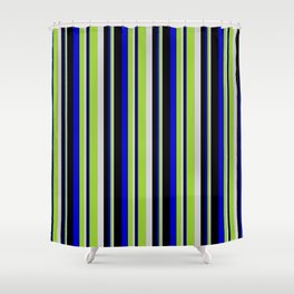 [ Thumbnail: Light Grey, Green, Blue & Black Colored Lined Pattern Shower Curtain ]