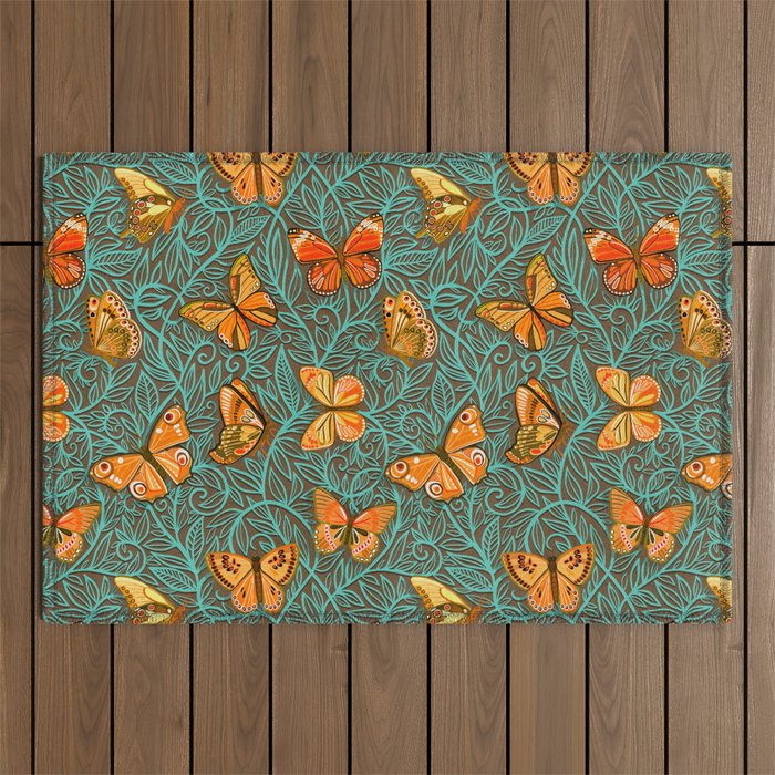 Butterfly Art Nouveau in Retro Orange and Teal Outdoor Rug