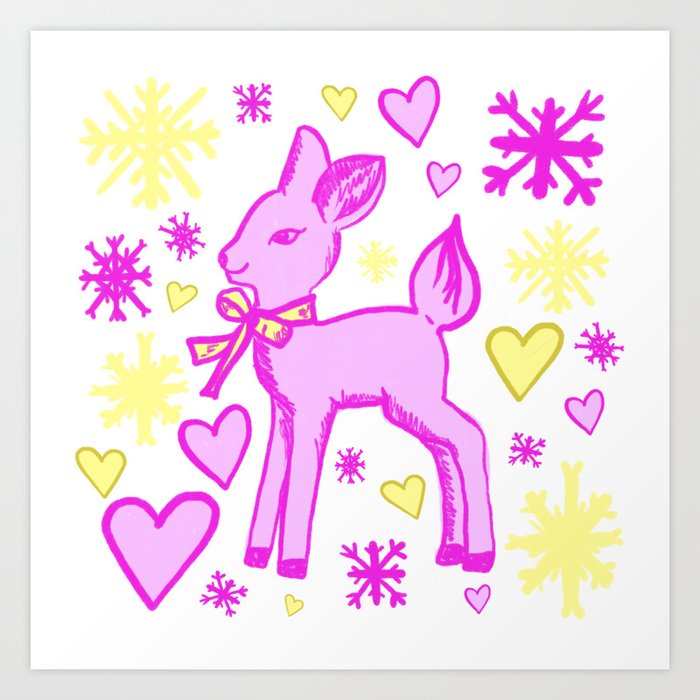 Cute Magenta Fawn with Neon Chartreuse Hearts and Snowflakes Art Print