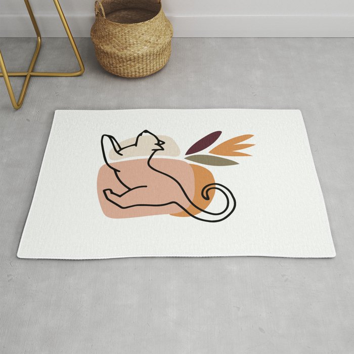 Stretching Cat One Line Art, Abstract Modern Boho Design Rug