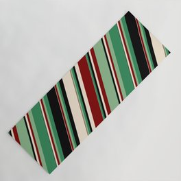 [ Thumbnail: Colorful Beige, Maroon, Dark Sea Green, Sea Green, and Black Colored Striped Pattern Yoga Mat ]
