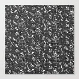 Dark Grey and White Christmas Snowman Doodle Pattern Canvas Print