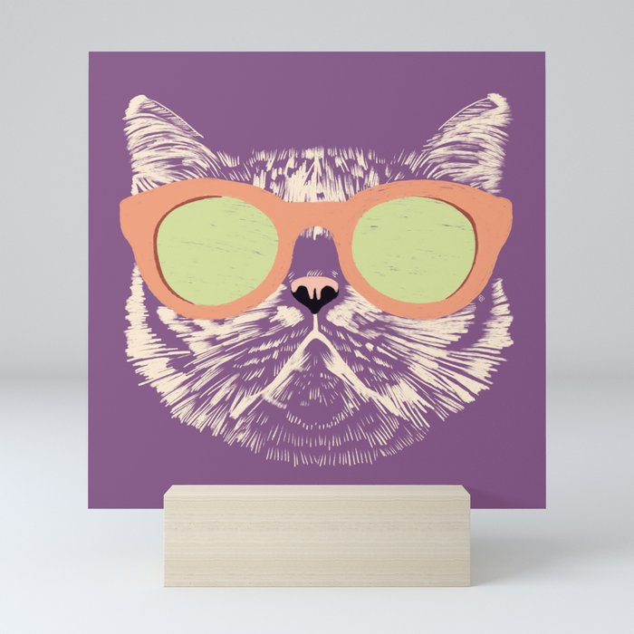 Cat with Sunglasses purple Mini Art Print