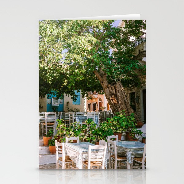 Greek Tavern under Big Tree | Idyllic Greece Scenery of Restaurant on the Island | Travel Photography in the Mediterranean island of Naxos Stationery Cards
