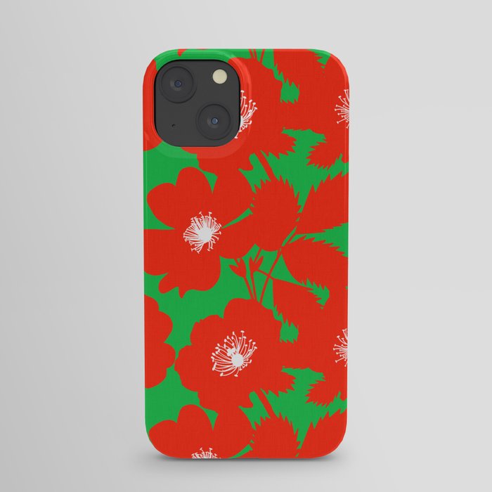 Big Red Rose Flowers On Kelly Green iPhone Case