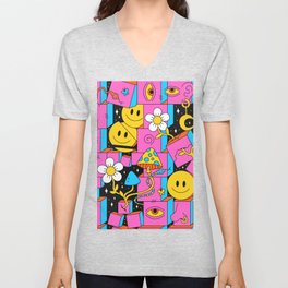 Pink Trippy Eye Blocks With White Flowers, Smileys and Mushrooms V Neck T Shirt