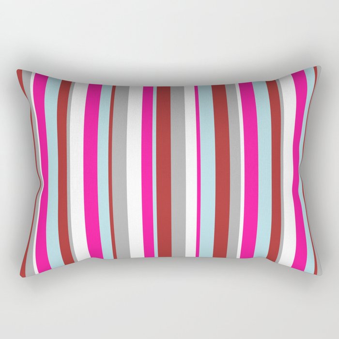 Eye-catching White, Dark Gray, Brown, Powder Blue & Deep Pink Colored Lines/Stripes Pattern Rectangular Pillow