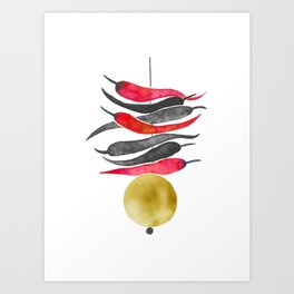 Lemon chilli charm - Black Red and Gold Art Print
