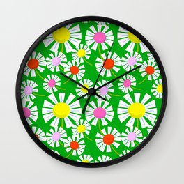 Retro Modern Mini Daisy Flowers On Green Wall Clock