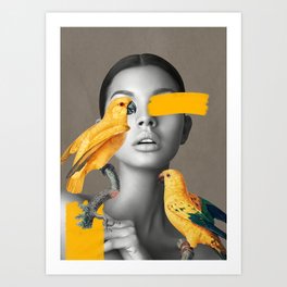 Girl with Parrots Art Print