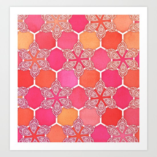 Pink Spice Honeycomb - Doodle Hexagon Pattern Art Print