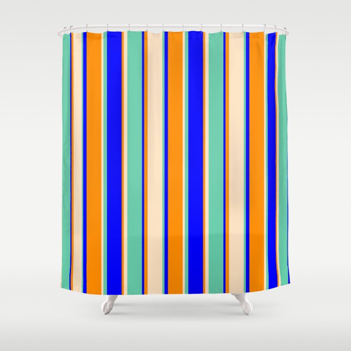 Dark Orange, Bisque, Aquamarine, and Blue Colored Lined/Striped Pattern Shower Curtain