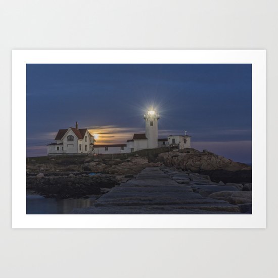 Full moon rising over Eastern point Lighthouse. Art Print