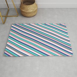[ Thumbnail: Vibrant Gray, Pink, White, Dark Slate Blue & Turquoise Colored Striped Pattern Rug ]
