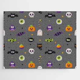 Halloween Seamless Pattern with Funny Spooky on Gray Background Jigsaw Puzzle
