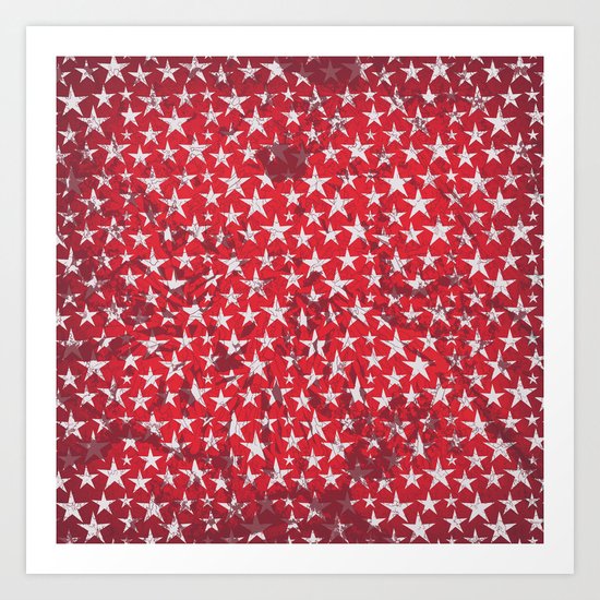 White stars on red grunge textured background Art Print