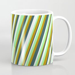 [ Thumbnail: Green, Dark Goldenrod, Dark Slate Gray & Mint Cream Colored Lines/Stripes Pattern Coffee Mug ]
