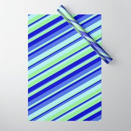 [ Thumbnail: Turquoise, Light Green, Blue, and Royal Blue Colored Stripes/Lines Pattern Wrapping Paper ]