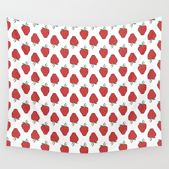 White and Red Cottagecore Strawberry Pattern Wall Tapestry