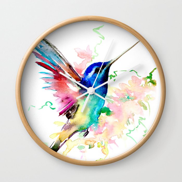 Hummingbird , Blue Turquoise Pink Wall Clock
