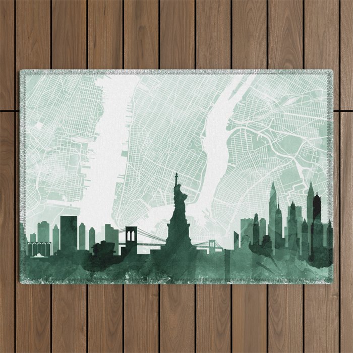 New York Skyline & Map Watercolor Sage Green, Print by Zouzounio Art Outdoor Rug