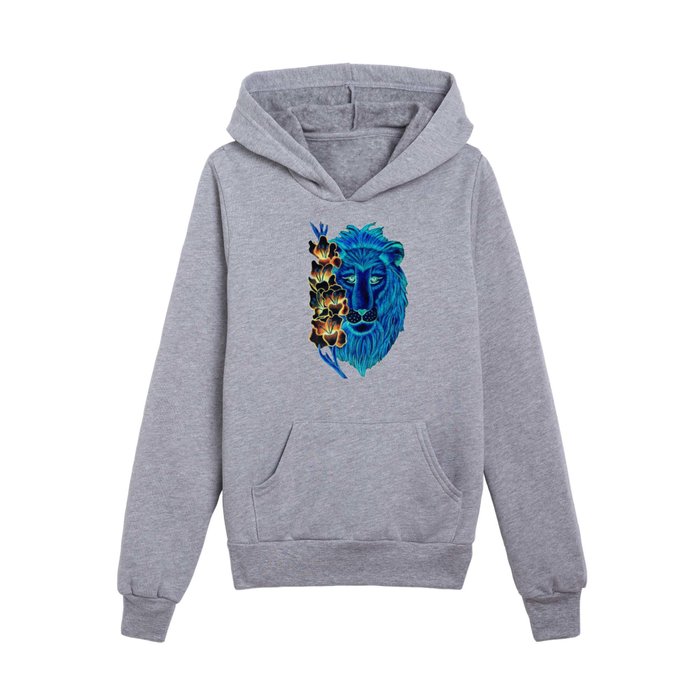Blue Lion with Gladiolas Flowers Kids Pullover Hoodie